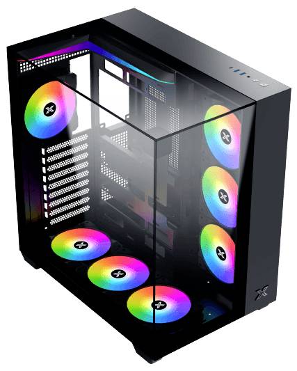 Ein Gaming-Computer-Gehäuse mit einer transparenten Seitenscheibe, das die internen Komponenten und das lebendige RGB-Beleuchtung mehrerer Lüfter zur Schau stellt.
