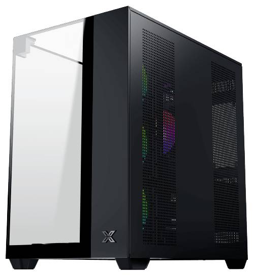 Ein schlanker schwarzer Computertower mit reflektierender Glasfront und sichtbarer Innenbeleuchtung durch Seitenbelüftungsschlitze.