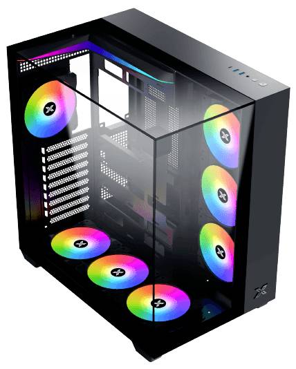 Ein schwarzes Computergehäuse mit Seitenfenster aus Glas und bunten RGB-Lüftern. Es verfügt über mehrere Erweiterungsslots und Plätze für Komponenten.