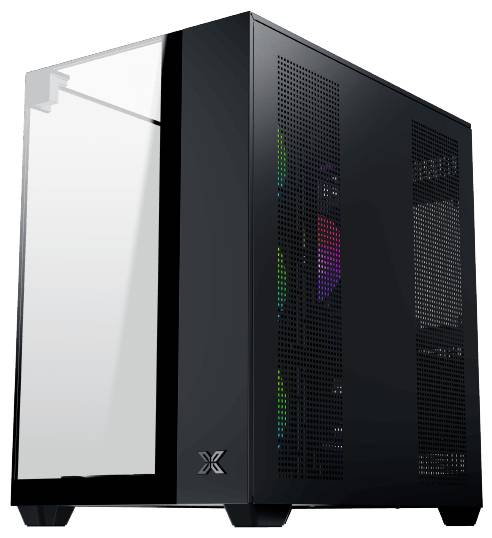 Ein schwarzer Computertower mit einem reflektierenden Glasfront-Panel und seitlicher Belüftung, mit sichtbarer interner RGB-Beleuchtung durch das Glas.