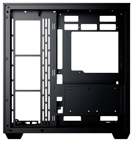 Ein schwarzes Computergehäuse, das seinen internen Rahmen zeigt, das für die Unterbringung von Hardwarekomponenten wie Mainboards, Netzteilen und Laufwerken konzipiert ist.