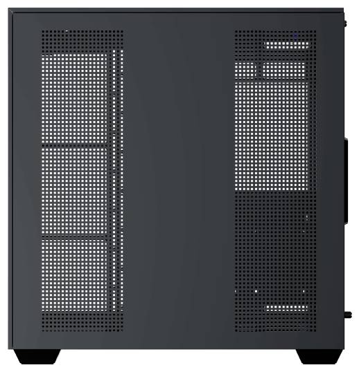Ein schwarzes Computergehäuse mit gelochten Seitenpanels zur Belüftung, bei dem die internen Komponenten teilweise durch das Gittergewebe sichtbar sind.