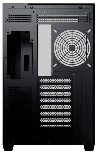 Eine schwarze Computer-Gehäuserückseite mit Lüftungsgitter, Lüfteröffnung, sieben Erweiterungssteckplätzen sowie Platz für Netzteil und Anschlüsse.