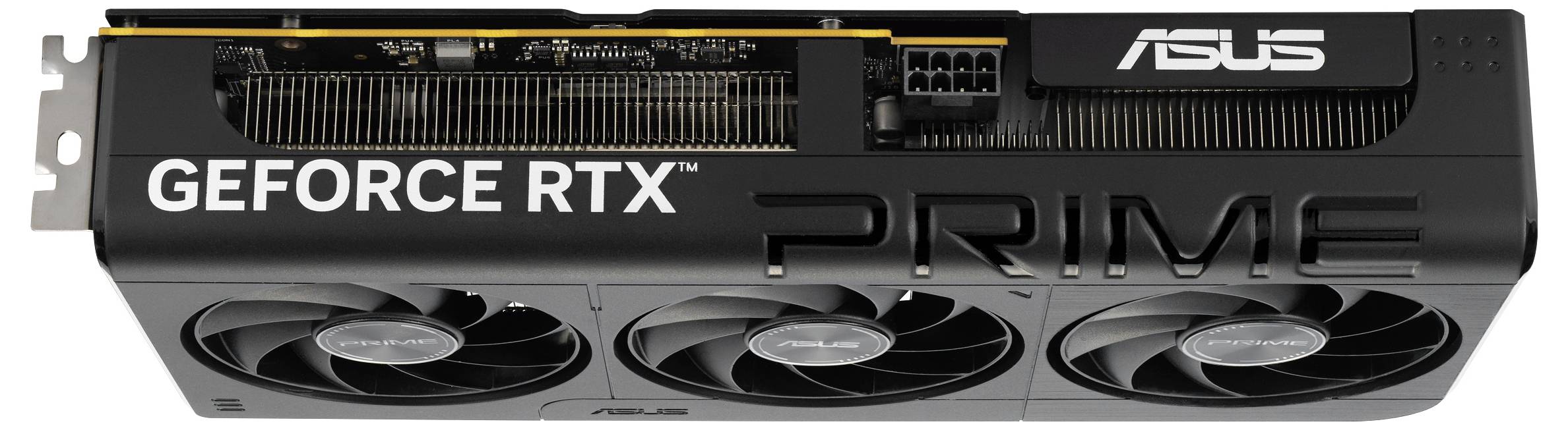 Eine Grafikkarte mit drei Lüftern, beschriftet mit 'GEFORCE RTX PRIME' und 'ASUS', die Kühlung und Leistungsbranding zeigt.