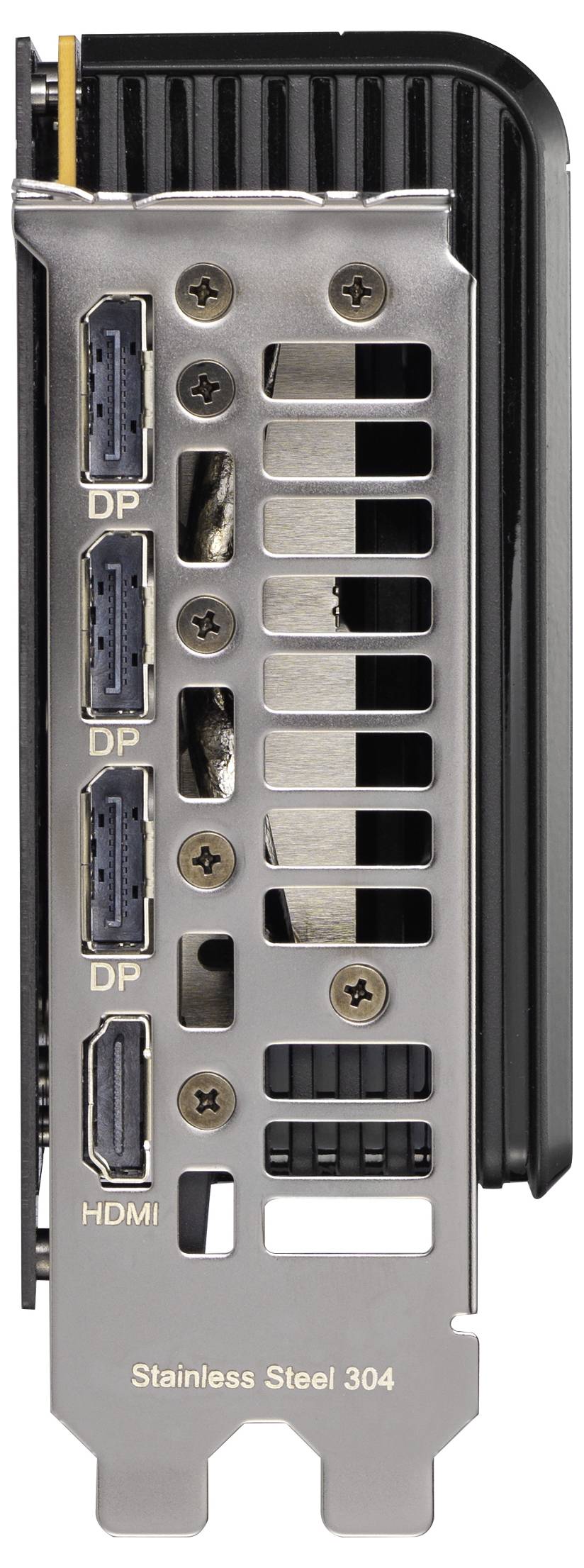 Das Bild zeigt die Rückseite einer Grafikkarte mit drei DisplayPort (DP) und einem HDMI-Anschluss, beschriftet mit ‚Edelstahl 304'.