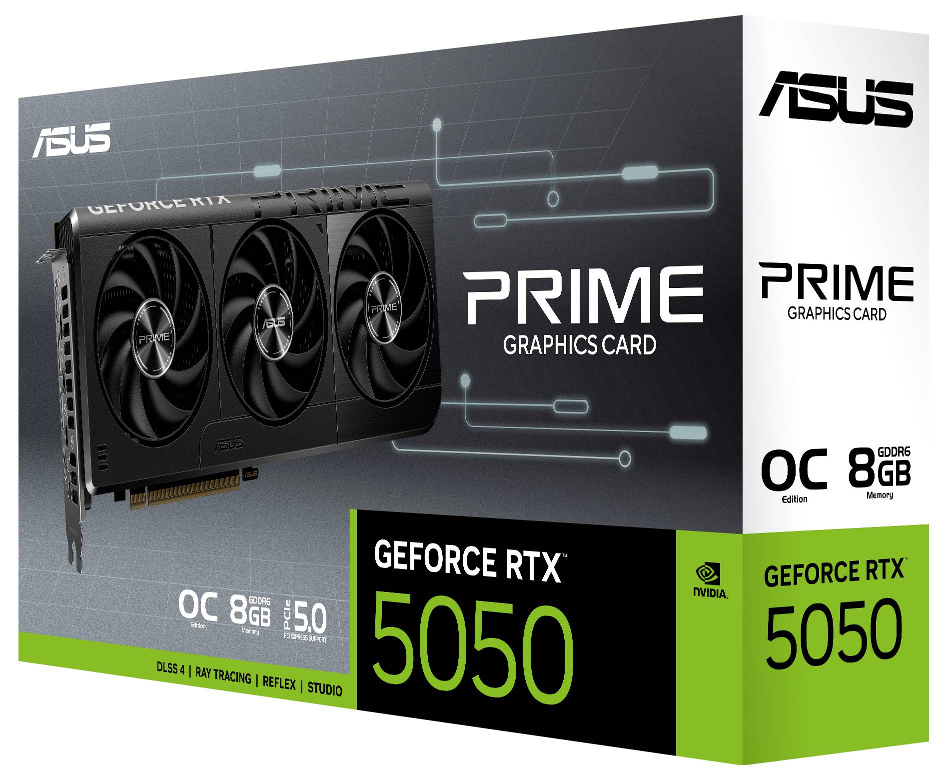 Die Abbildung zeigt eine ASUS Prime GeForce RTX 5050 Grafikkarten-Verpackung, die Funktionen wie DLSS 3, Raytracing, 8 GB Arbeitsspeicher und Übertaktungsfähigkeit hervorhebt.