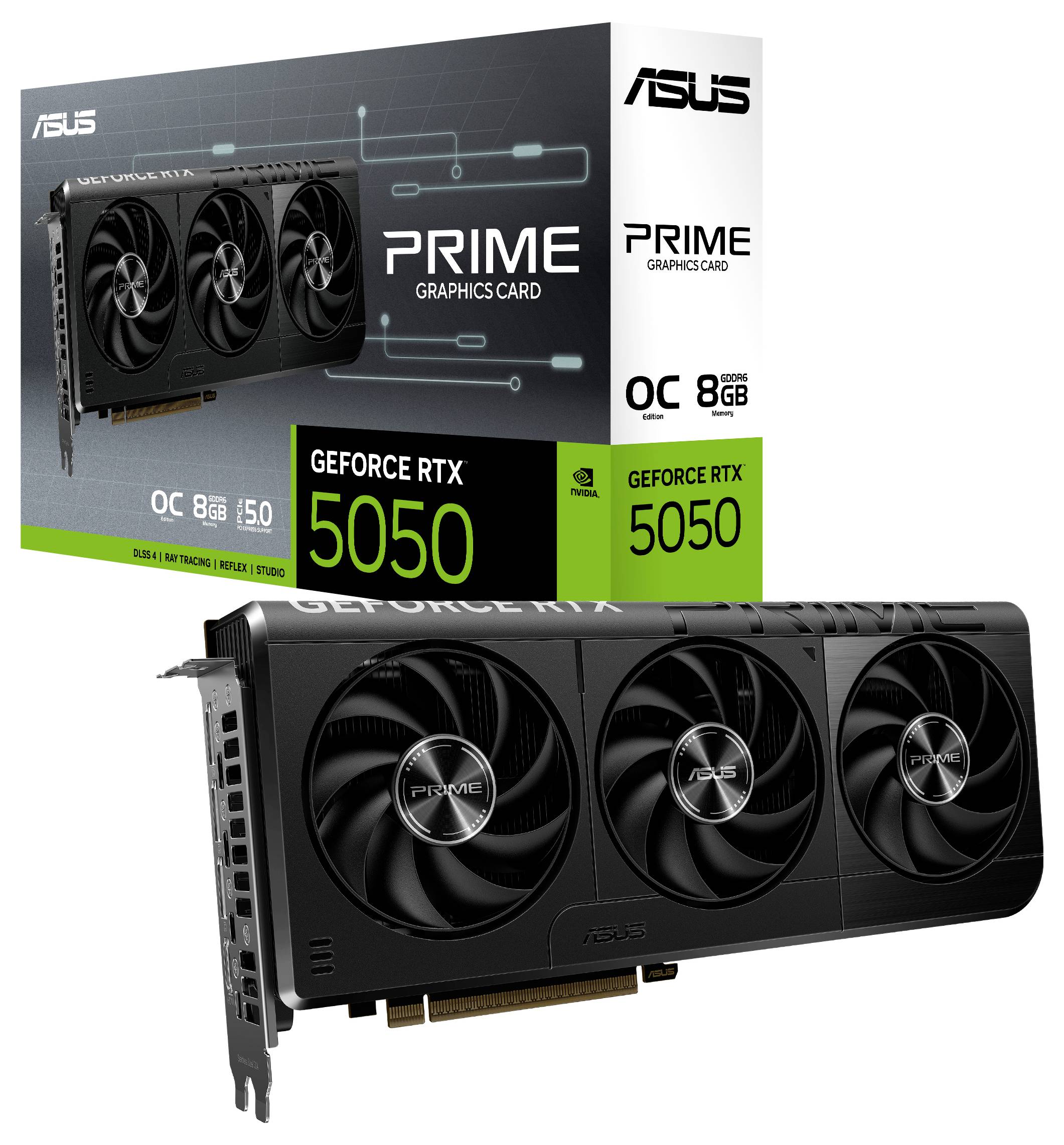 ASUS Prime Grafikkarte, RTX 5050 Modell, verfügt über drei Lüfter, 8 GB Arbeitsspeicher, präsentiert mit Verpackung, die seine Leistungsfähigkeiten hervorhebt.