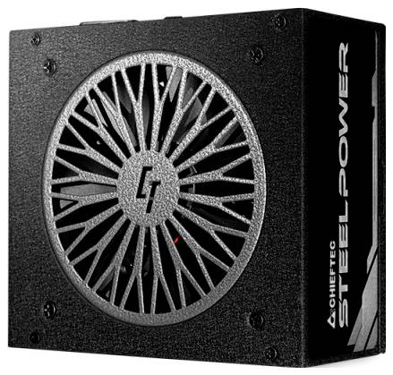 Eine schwarze Chieftec SteelPower Netzteileinheit mit einem Lüfter und dem 'CT' Logo, die ihr metallisches Design und Lüftungsmuster präsentiert.