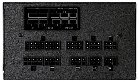 Ein Netzteil mit mehreren beschrifteten Anschlüssen, einschließlich CPU-, PCIe- und SATA-Ausgängen.