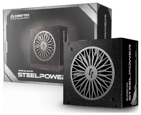 Eine Chieftec SteelPower Computernetzteil mit einem Ventilator oben, mehreren Anschlussports an der Seite und einem schwarzen Gehäuse.