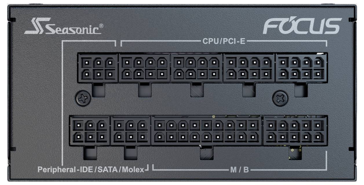 Seasonic Focus Netzteil mit beschrifteten Anschlüssen für CPU/PCI-E, Peripheral-IDE/SATA/Molex und M/B-Verbindungen.