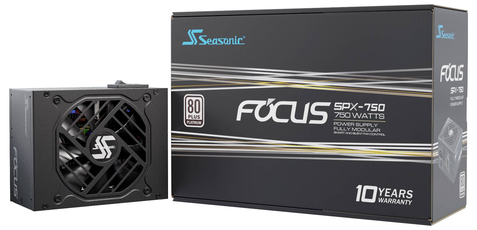 Netzteil mit 'Seasonic' Branding, Modell SPX-750, 750 Watt, mit '80 Plus Platinum' Zertifizierung, inklusive Verpackung dargestellt.