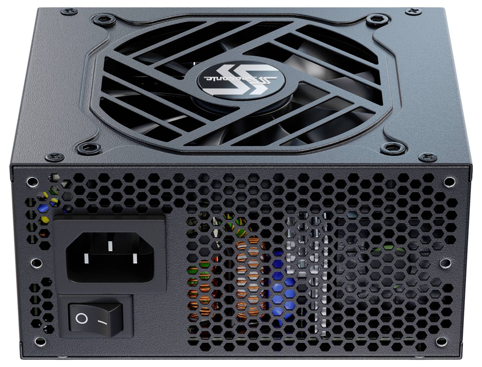 Eine Computernetzteils mit sichtbarem Lüfter, Netzschalter und Netzanschluss.