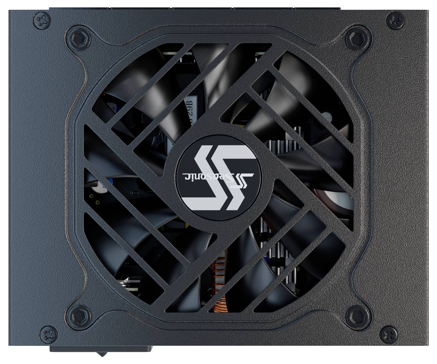 Eine schwarze Computer-Netzteileinheit mit einem großen Kühlventilator und sichtbaren Innenkomponenten. Das Markenlogo 'SS' ist in der Mitte platziert.