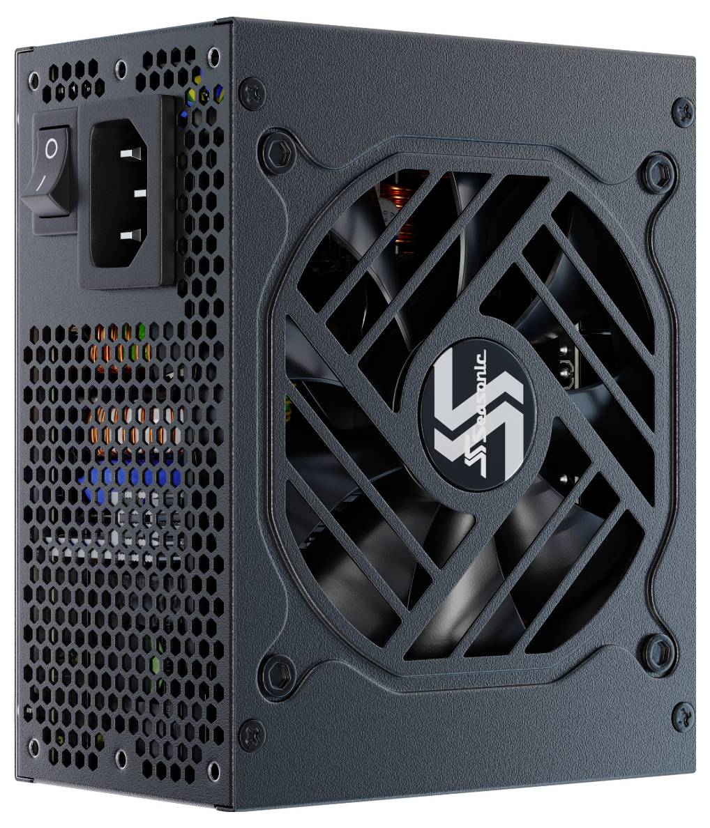 Das Bild zeigt ein schwarzes Computer-Netzteil mit einem Lüfter, Markenlogo, Netzschalter und Lüftungsgitter.