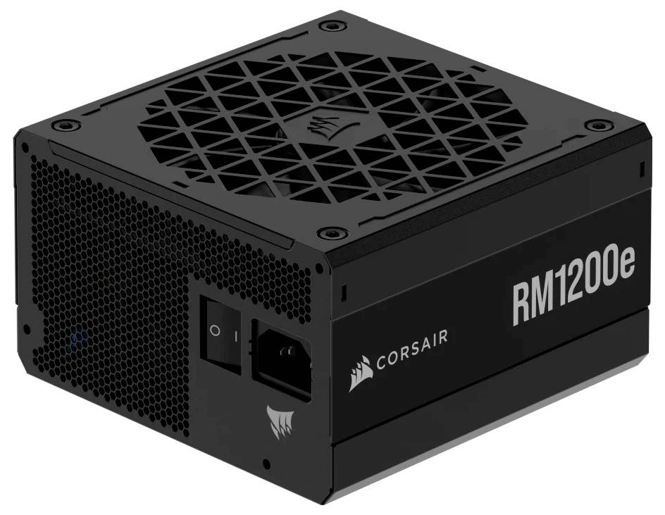 Netzteil 'Corsair RM1200e' verfügt über ein schwarzes Gehäuse mit Lüftungsschlitzen und Netzschalter, entwickelt für Computer.