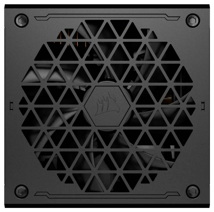 Ein schwarzes Netzteil mit einem sechseckigen Gittermuster; ein Lüfter ist im Inneren sichtbar und trägt ein Logo in der Mitte.