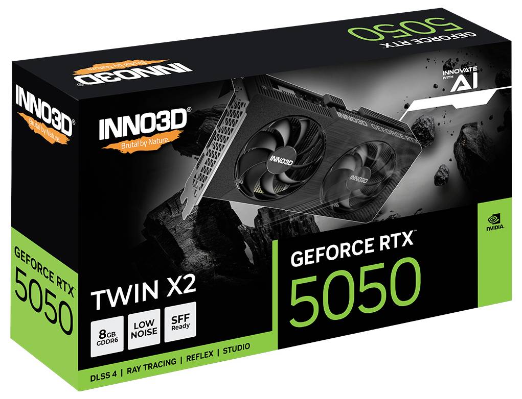 INNO3D GeForce RTX 5050 Grafikkarte mit Twin X2 Kühler, 8GB Arbeitsspeicher, mit DLSS 4, Raytracing und KI-Funktionen.