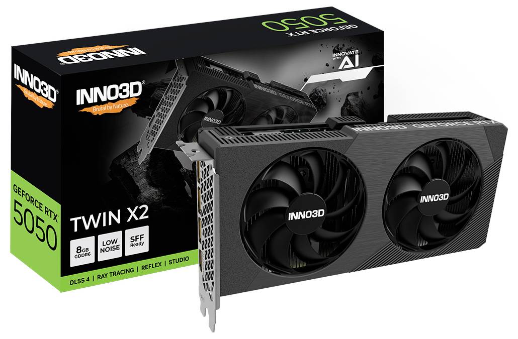Das Bild zeigt eine INNO3D GeForce RTX 5050 Twin X2 Grafikkarte mit ihrer Verpackung und hebt Funktionen wie DLSS 4 und Raytracing hervor.