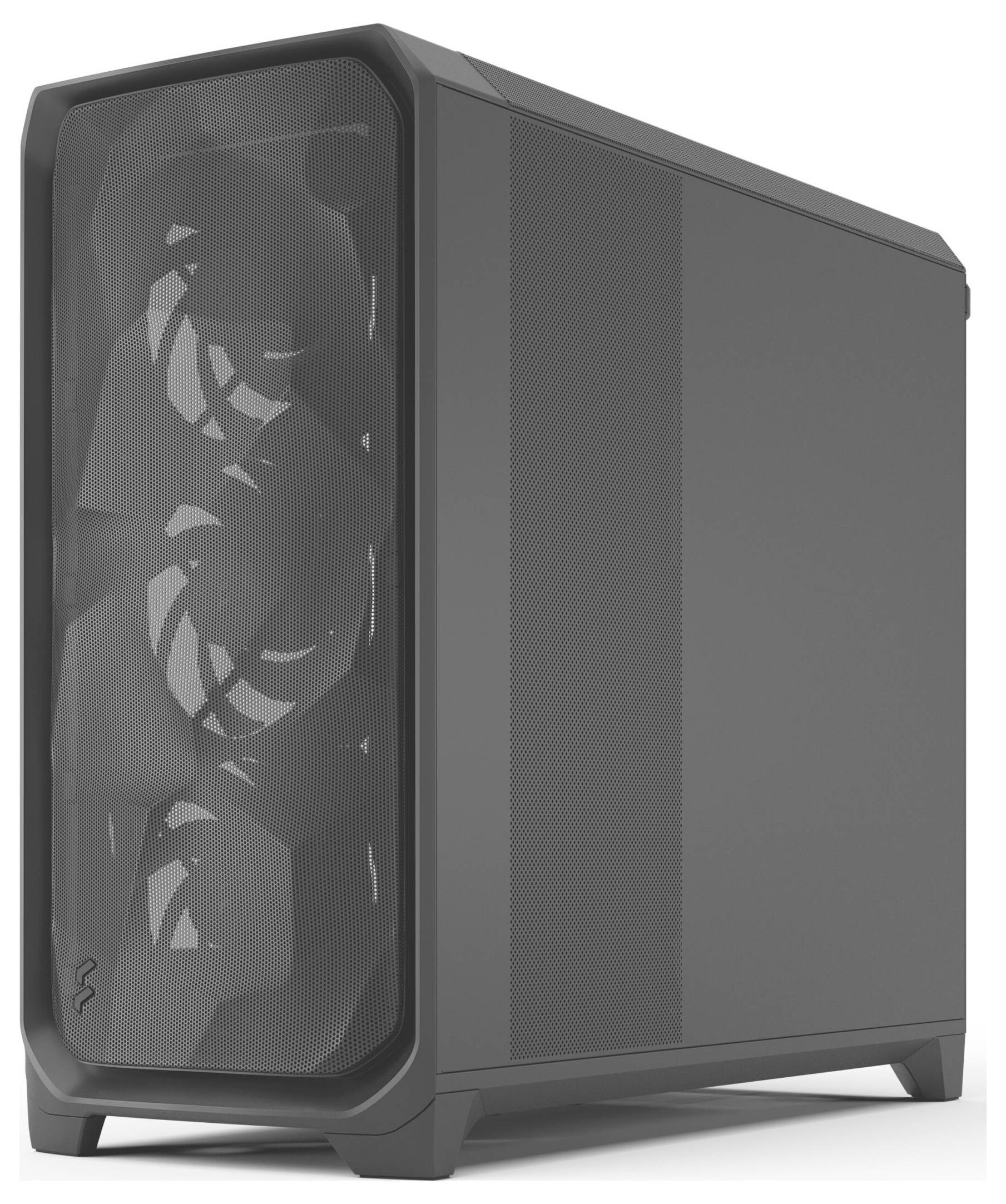 Ein schlanker, schwarzer Computer-Tower mit einem transparenten Frontpanel, der die internen Kühlventilatoren sichtbar macht. Die Seite ist für Belüftung konzipiert.