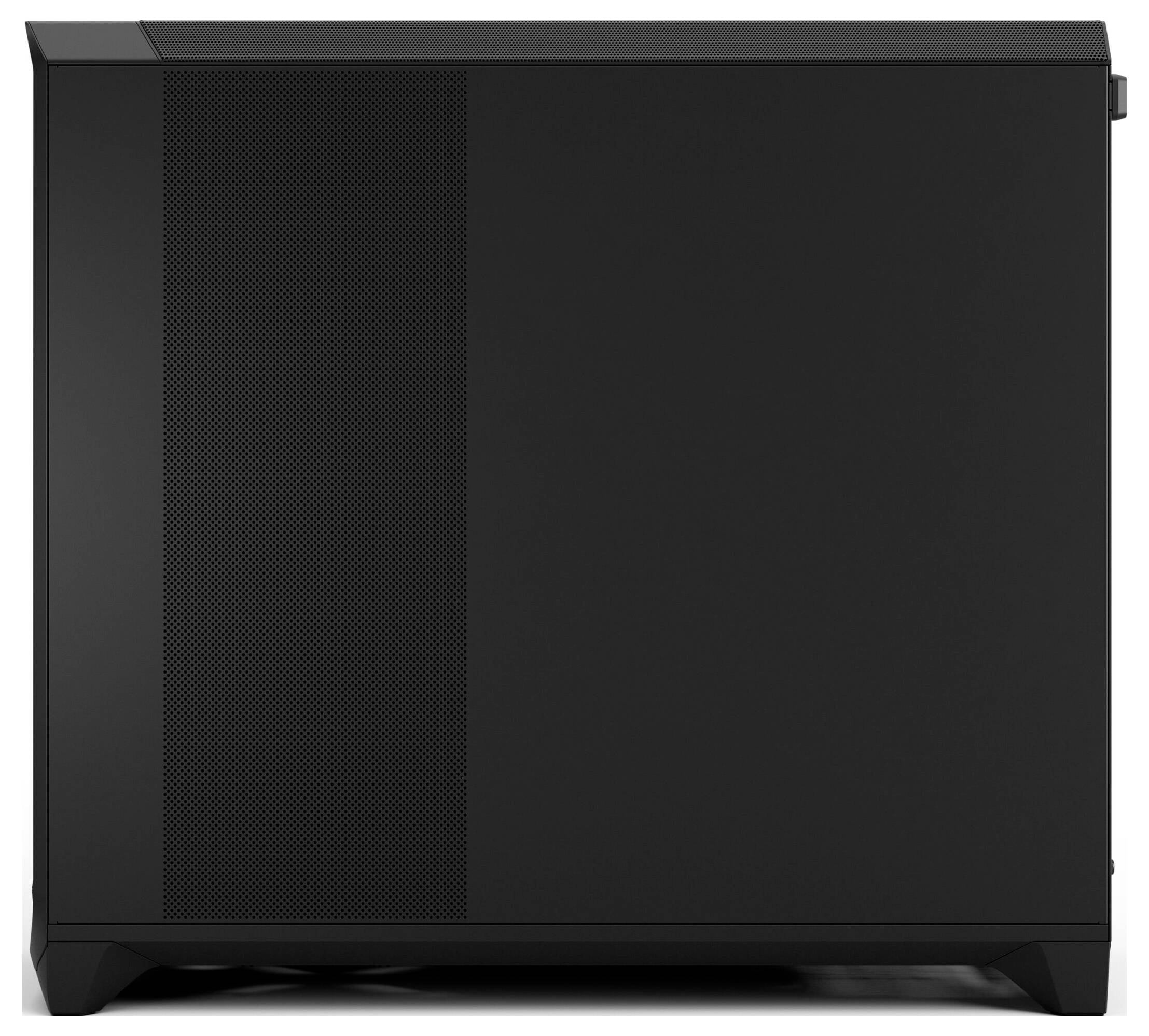 Ein schlankes schwarzes Computer-Tower-Gehäuse mit Gitter-Belüftungspanel, geeignet für die Unterbringung von PC-Komponenten, mit Betonung auf Funktionalität und modernem Design.