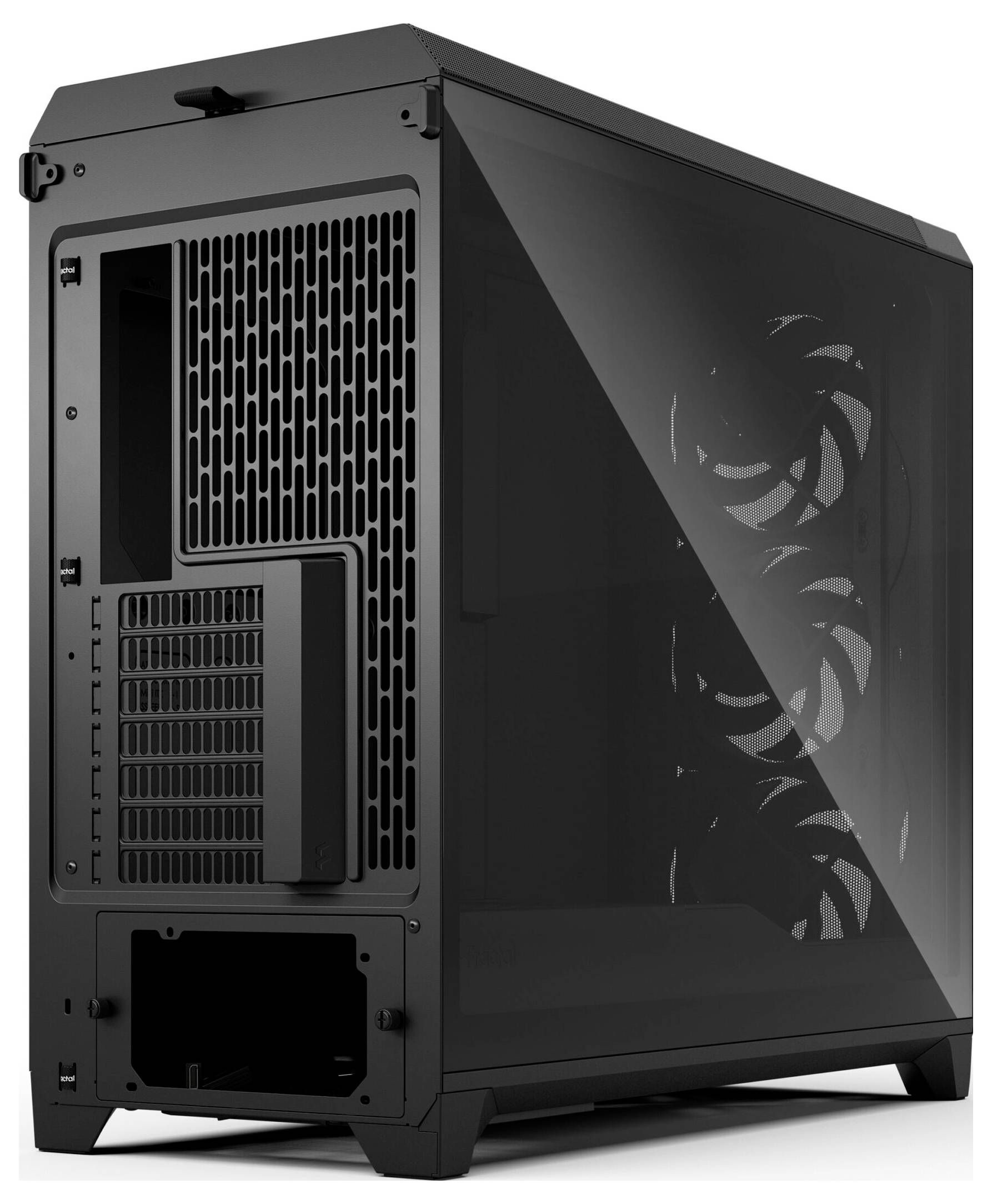 Ein schlanker schwarzer Computergehäuse mit einer transparenten Seitenscheibe, die die internen Kühlventilatoren sichtbar macht.