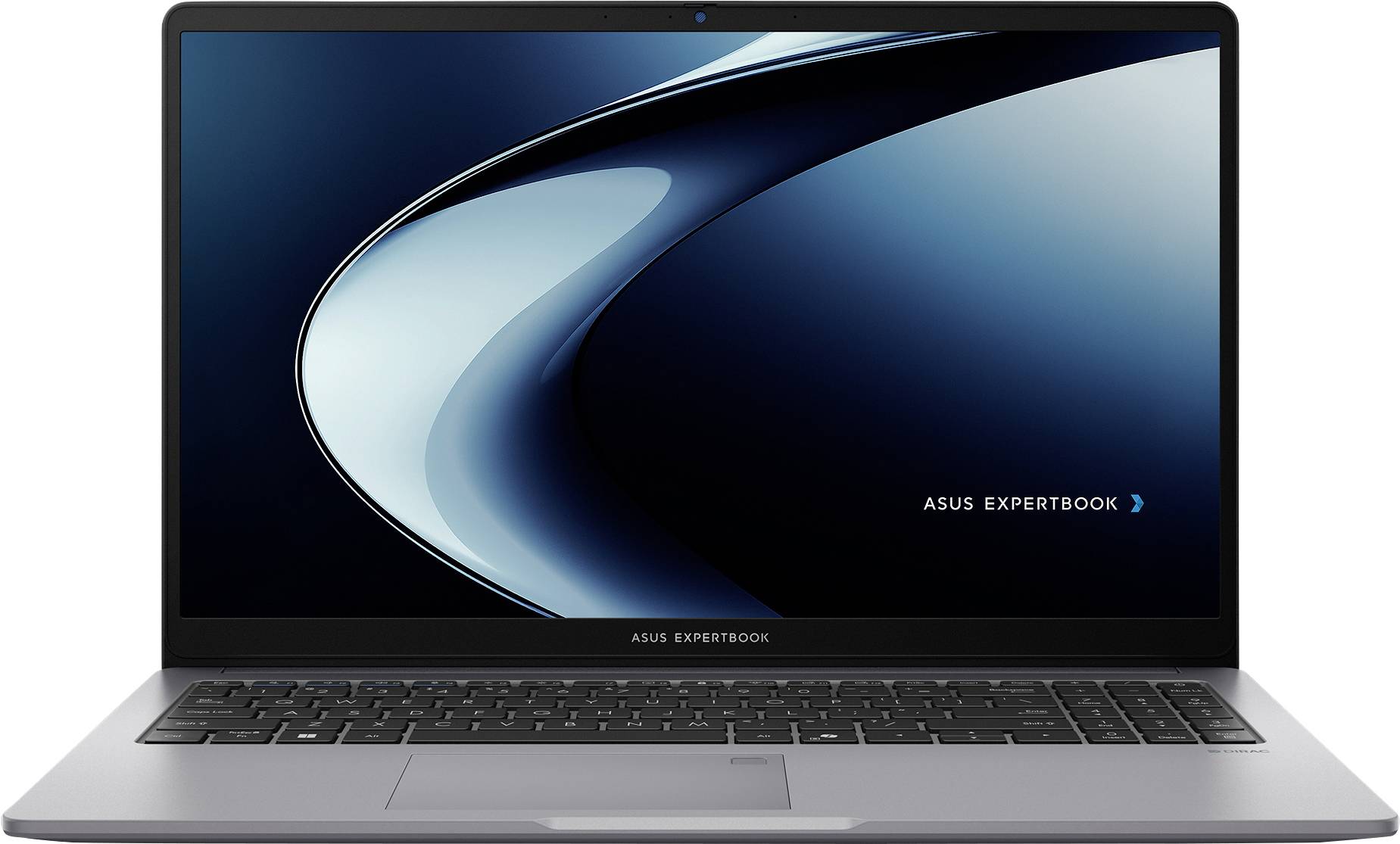 Ein silberner Asus ExpertBook Laptop mit einer schwarzen Tastatur und einem Bildschirm, der ein dunkelblaues abstraktes Design zeigt.