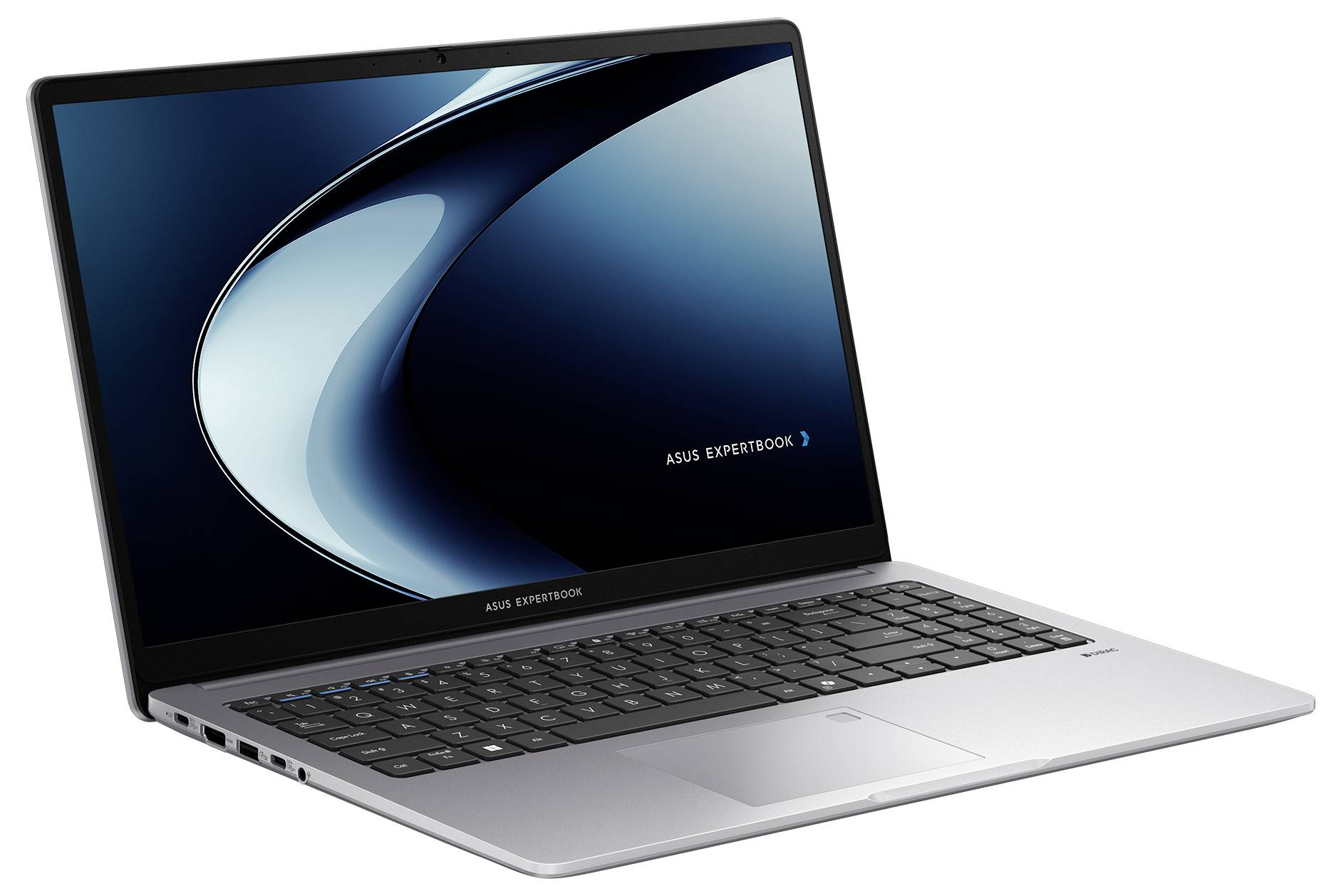 Ein silberner Laptop, der einen stilisierten 'ASUS ExpertBook' Bildschirm zeigt. Der Laptop ist geöffnet und zeigt eine Tastatur und ein Touchpad.