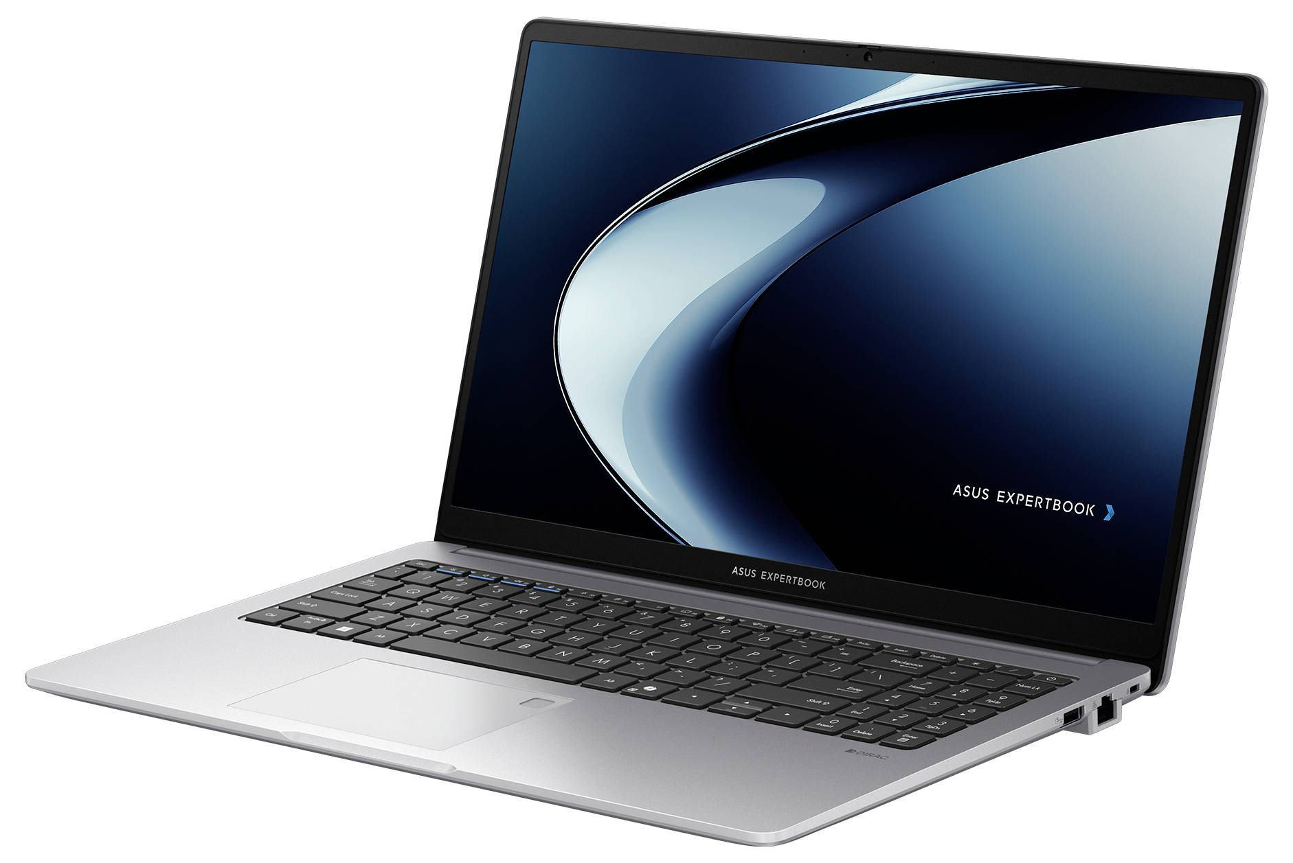 Ein silberner ASUS ExpertBook Laptop, der einen blauen abstrakten Hintergrund auf seinem Bildschirm zeigt; Tastatur und Touchpad sind sichtbar.