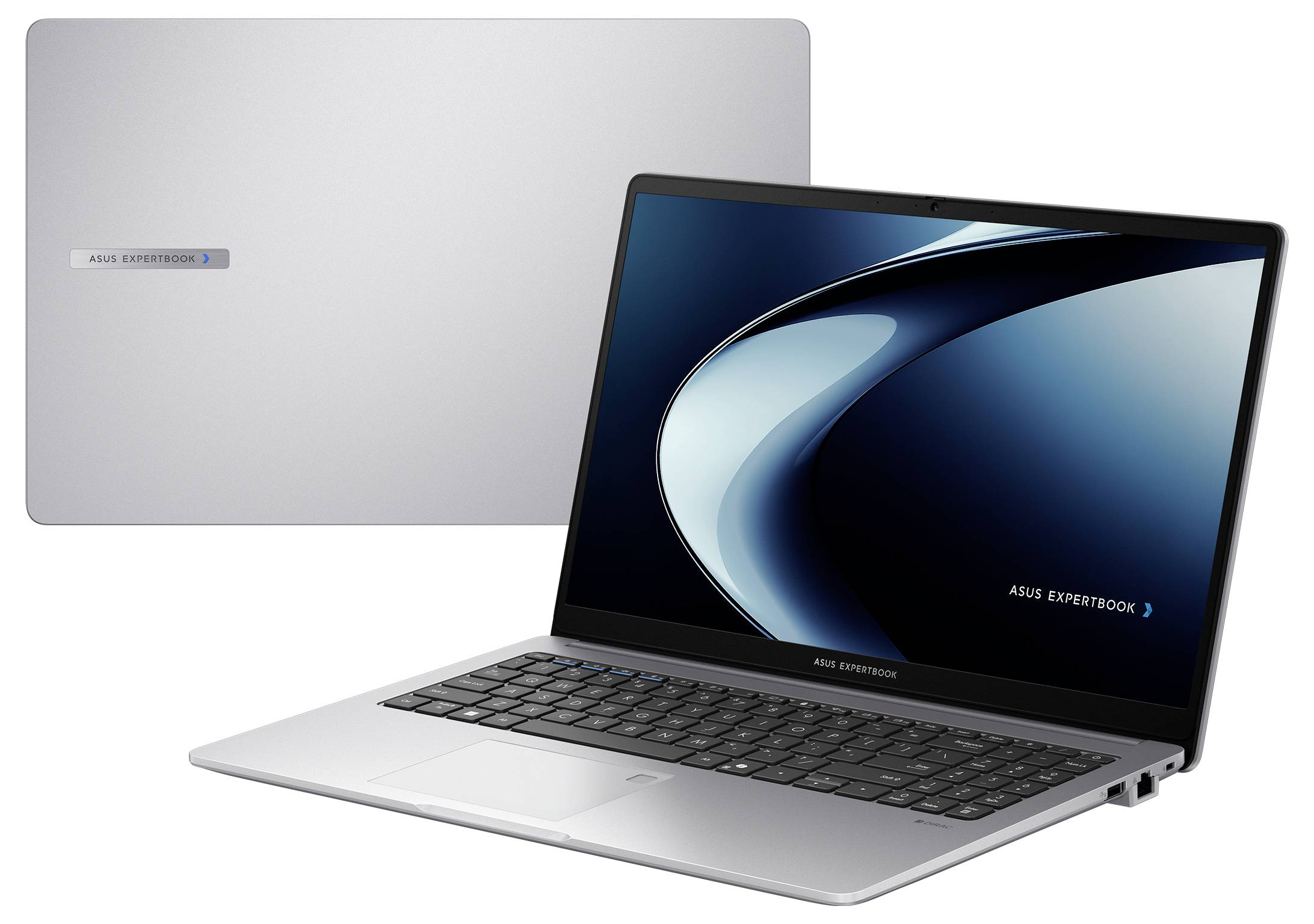 Ein silberner ASUS ExpertBook Laptop ist geöffnet und zeigt ein elegantes blaues Wirbeldesign auf dem Bildschirm. Eine weitere Ansicht zeigt die geschlossene Rückseite.