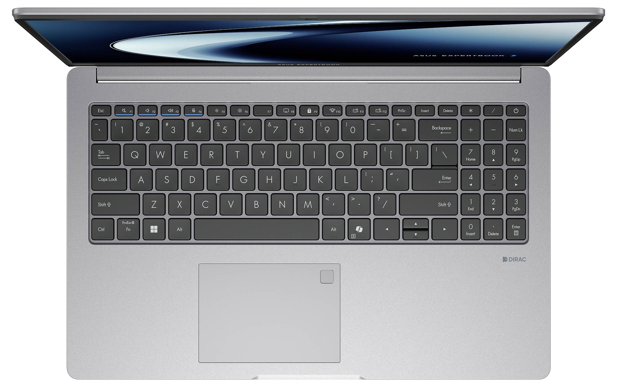 Ein silberner Laptop mit geöffnetem Deckel, von oben betrachtet, mit einer schwarzen Tastatur, einem großen Touchpad und einem teilweise sichtbaren Bildschirm, der einen blauen Hintergrund zeigt.