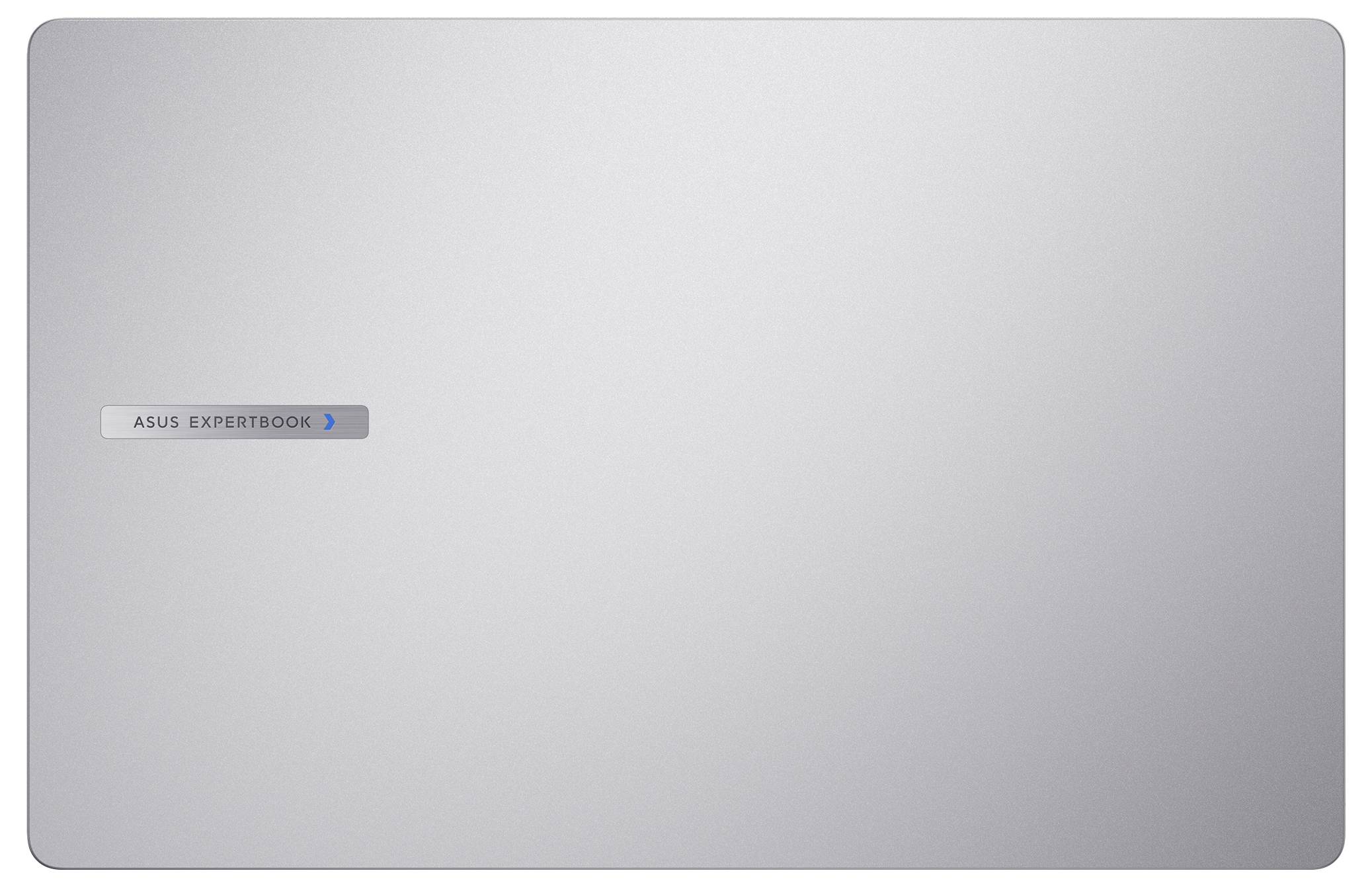 Silberner Laptopdeckel mit 'ASUS ExpertBook' Logo auf der linken Seite.