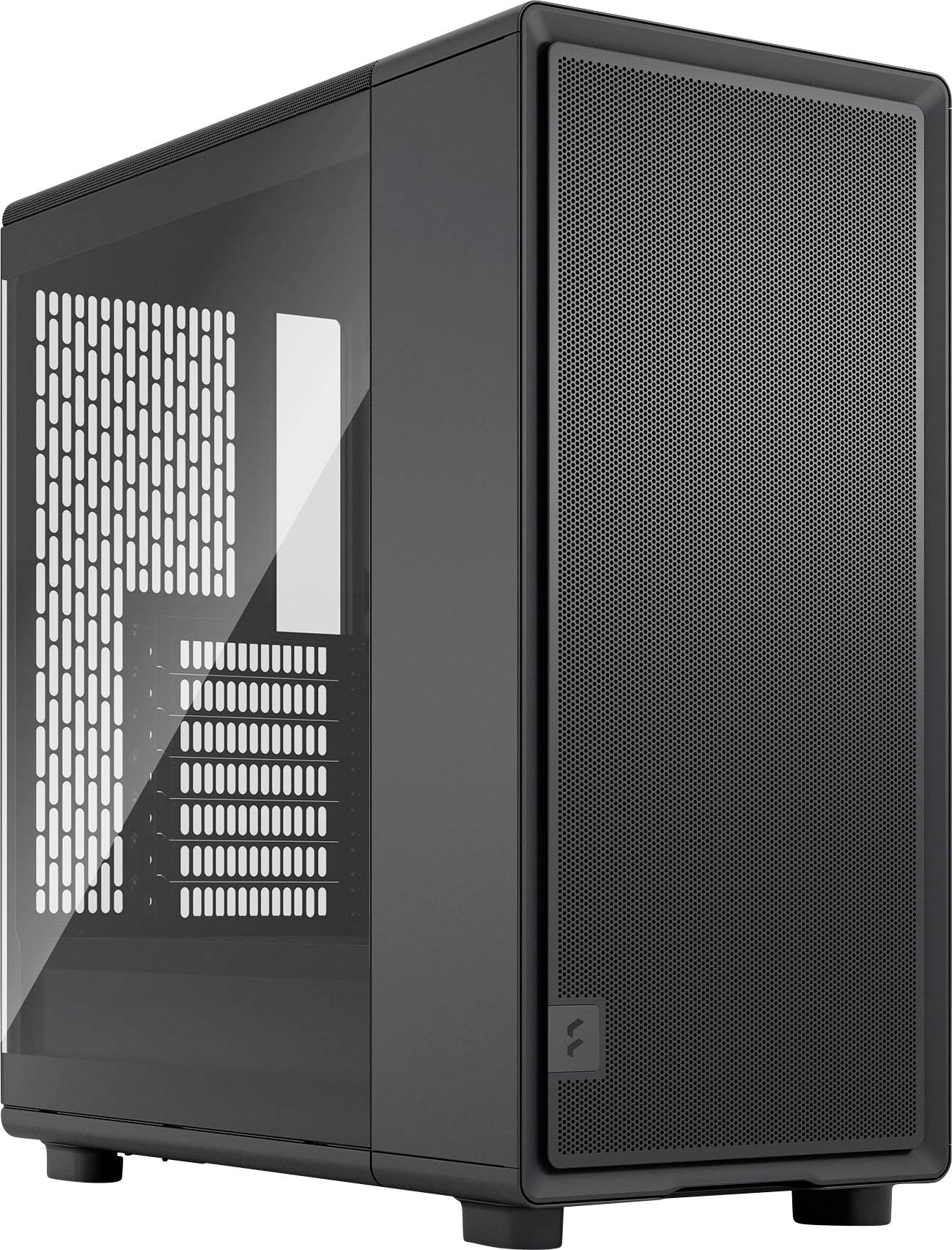 Ein schlankes schwarzes Computer-Tower-Gehäuse mit einem Frontpanel aus Mesh und einer transparenten Seitenwand, konzipiert zur Präsentation der Innenkomponenten.
