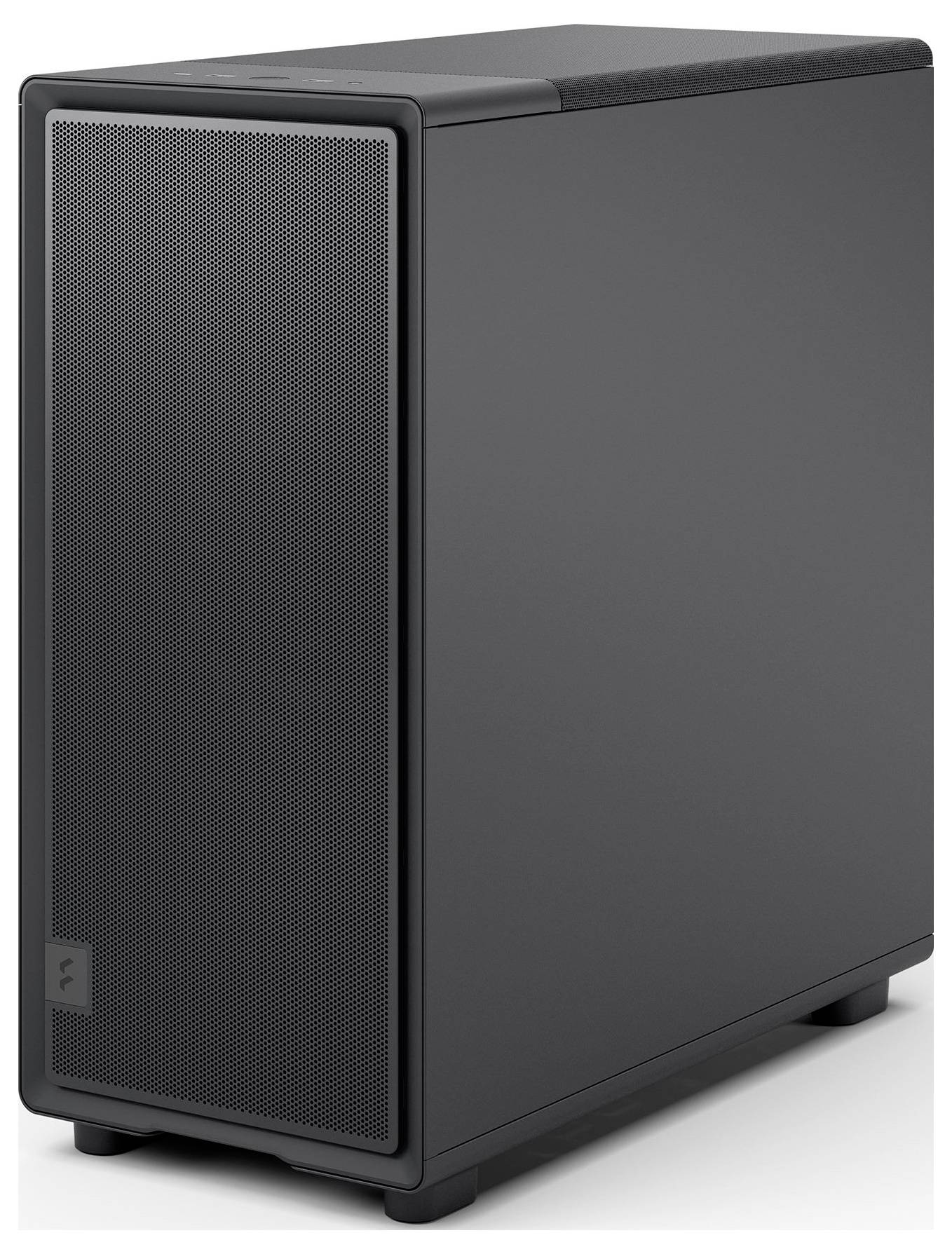 Ein schlanker schwarzer Computertower mit Frontblende aus Gitter, der auf einer hellgrauen Oberfläche steht. Keine sichtbaren Logos oder erkennbare Merkmale.