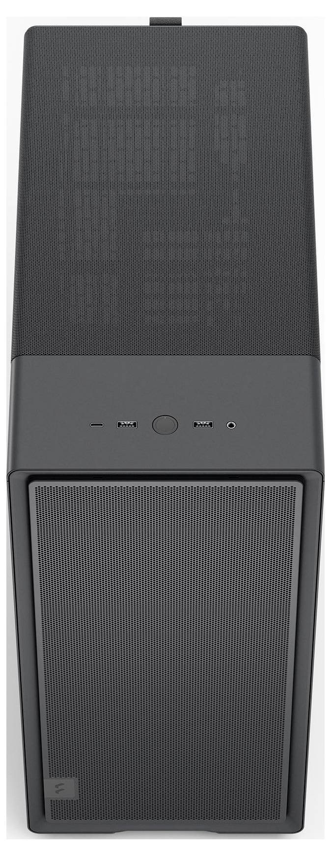 Ein schwarzes Computer-Tower-Gehäuse, von vorne betrachtet, mit einer Meshabdeckung und vorderen Anschlüssen für Konnektivität.