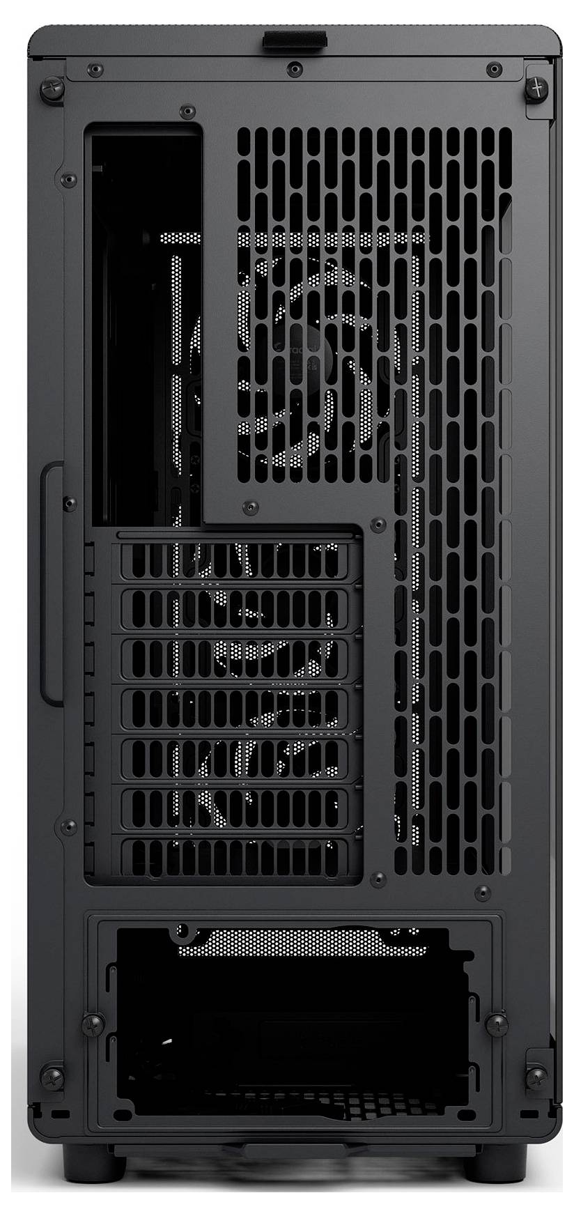 Das Bild zeigt die Rückseite eines schwarzen Computergehäuses mit Lüftungsschlitzen, sieben Erweiterungssteckplätzen sowie Befestigungsbereichen für Netzteil und Anschlüsse des Mainboards.