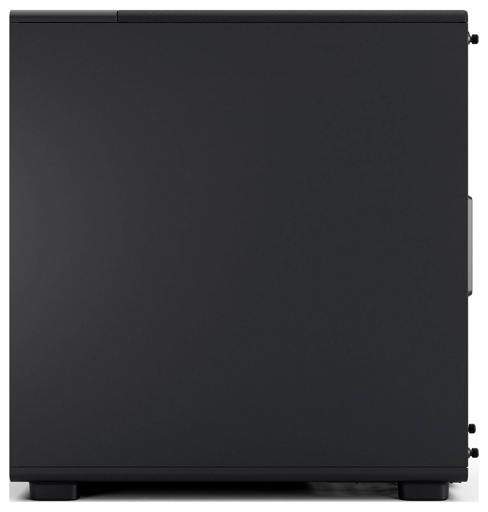 Ein schwarzer rechteckiger Schrank mit minimalistischem Design, ausgestattet mit einer glatten, massiven Oberfläche und kleinen Füßen, von der Seite betrachtet.