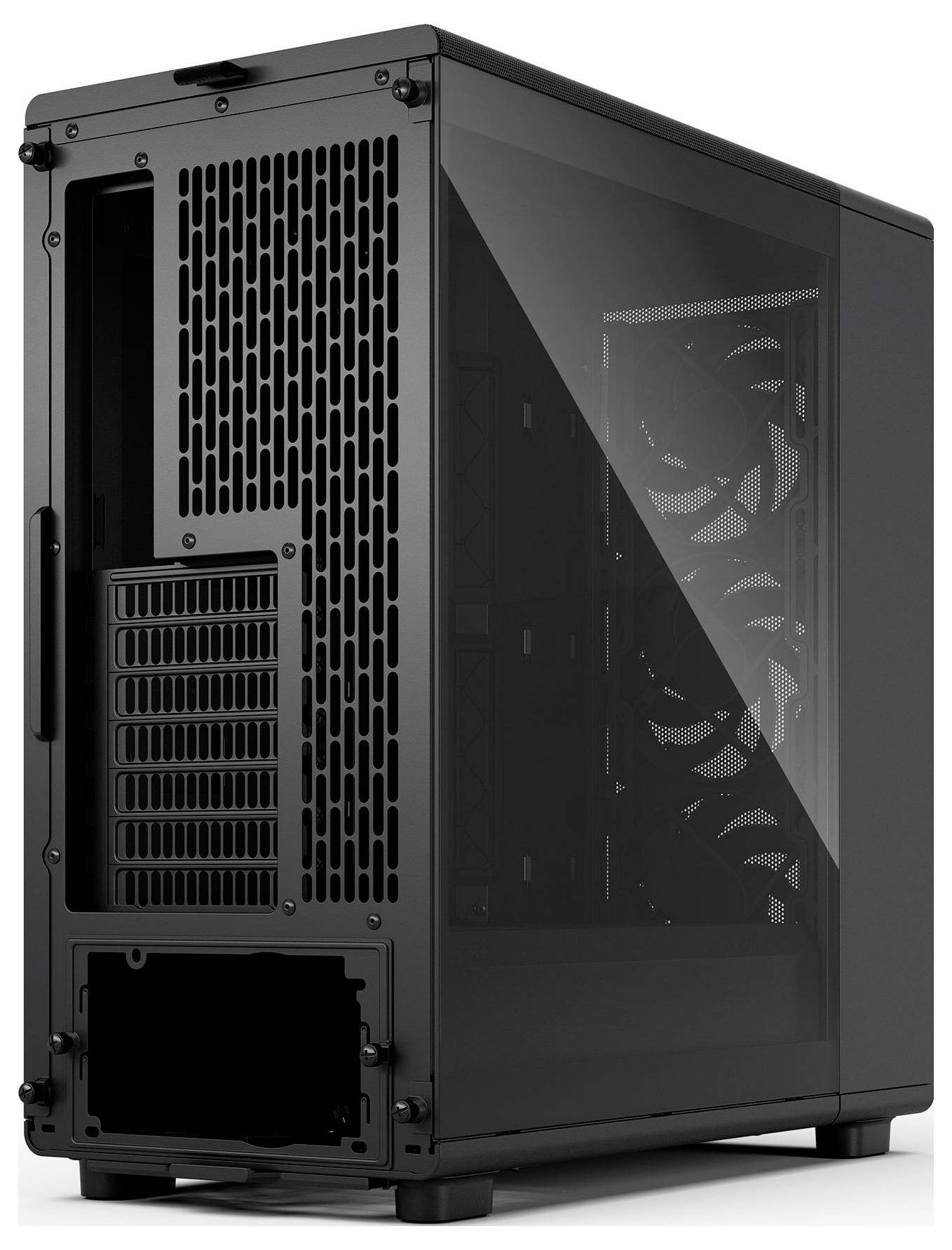 Ein schwarzes Computer-Tower-Gehäuse mit seitlicher Belüftung, Anschlüssen und Steckplätzen für Komponenten.