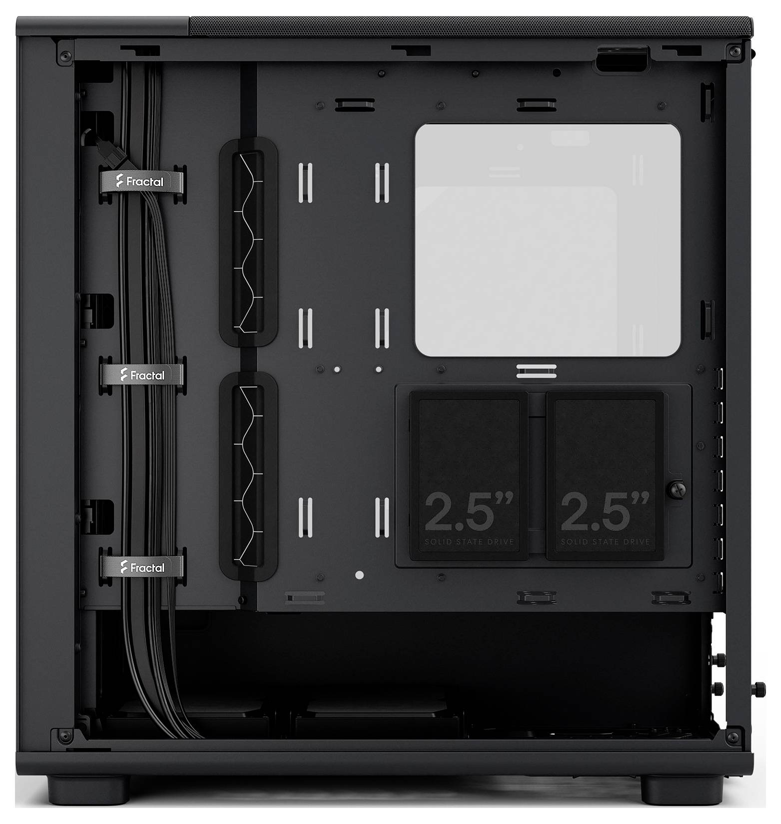 Computergehäuse-Innenleben mit Kabelmanagement-Funktionen auf der linken Seite, offener Raum für Komponenten und zwei 2,5-Zoll-Laufwerkschächten.