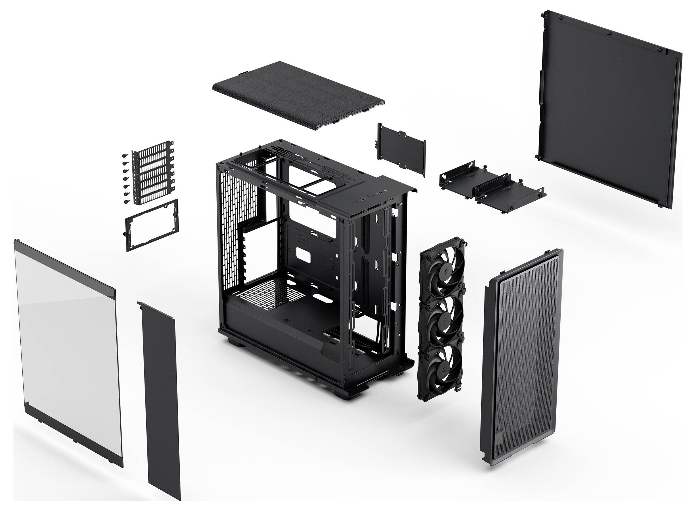 Explosionszeichnung eines Computergehäuses mit verschiedenen Komponenten wie Seitenplatten, Lüftern und Rahmen, die die Montageanordnung und Teile veranschaulicht.