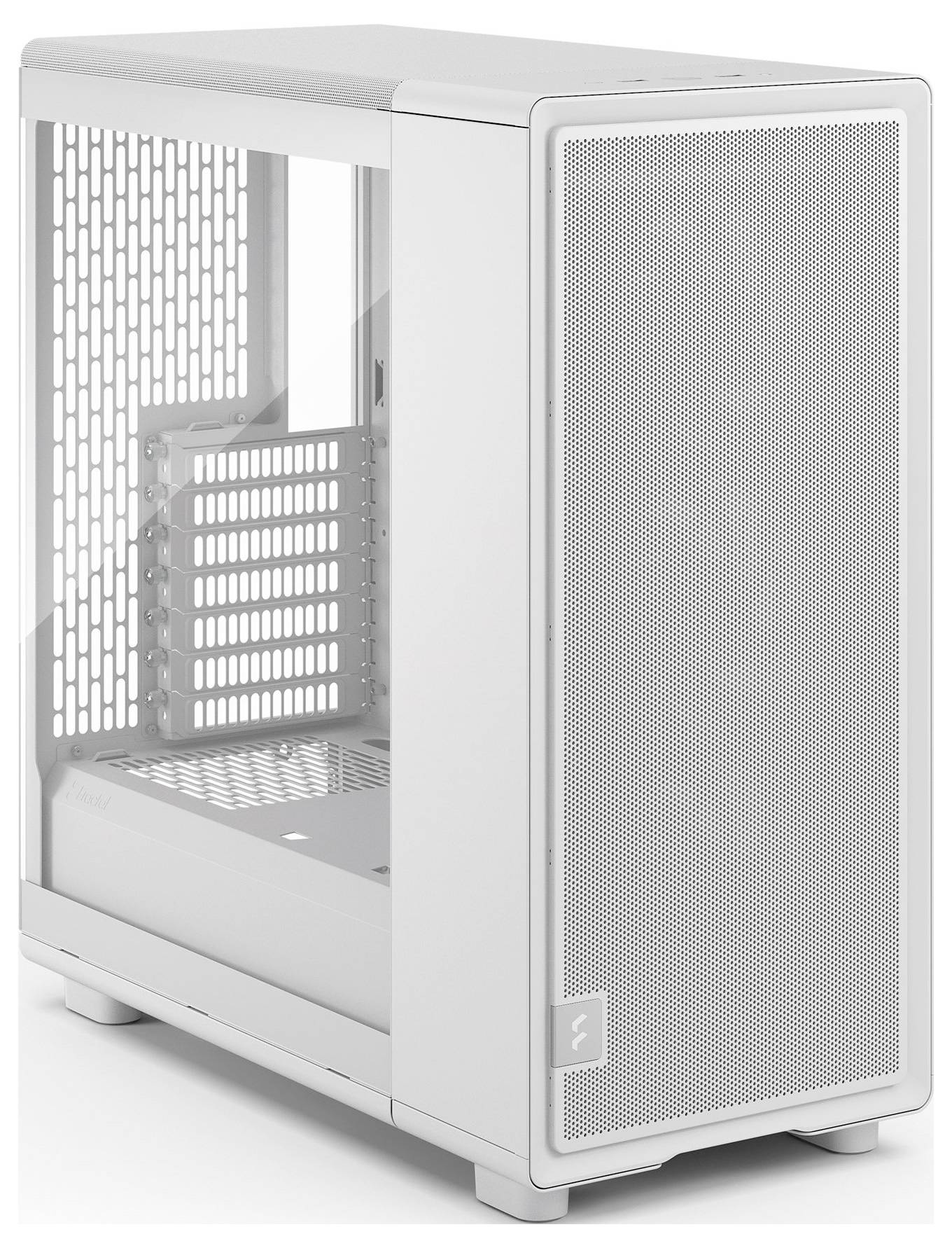 Ein weißes Computergehäuse mit Frontblende aus Maschengewebe und mehreren Erweiterungssteckplätzen, entwickelt für effiziente Luftkühlung und einfache Komponentenzugänglichkeit.