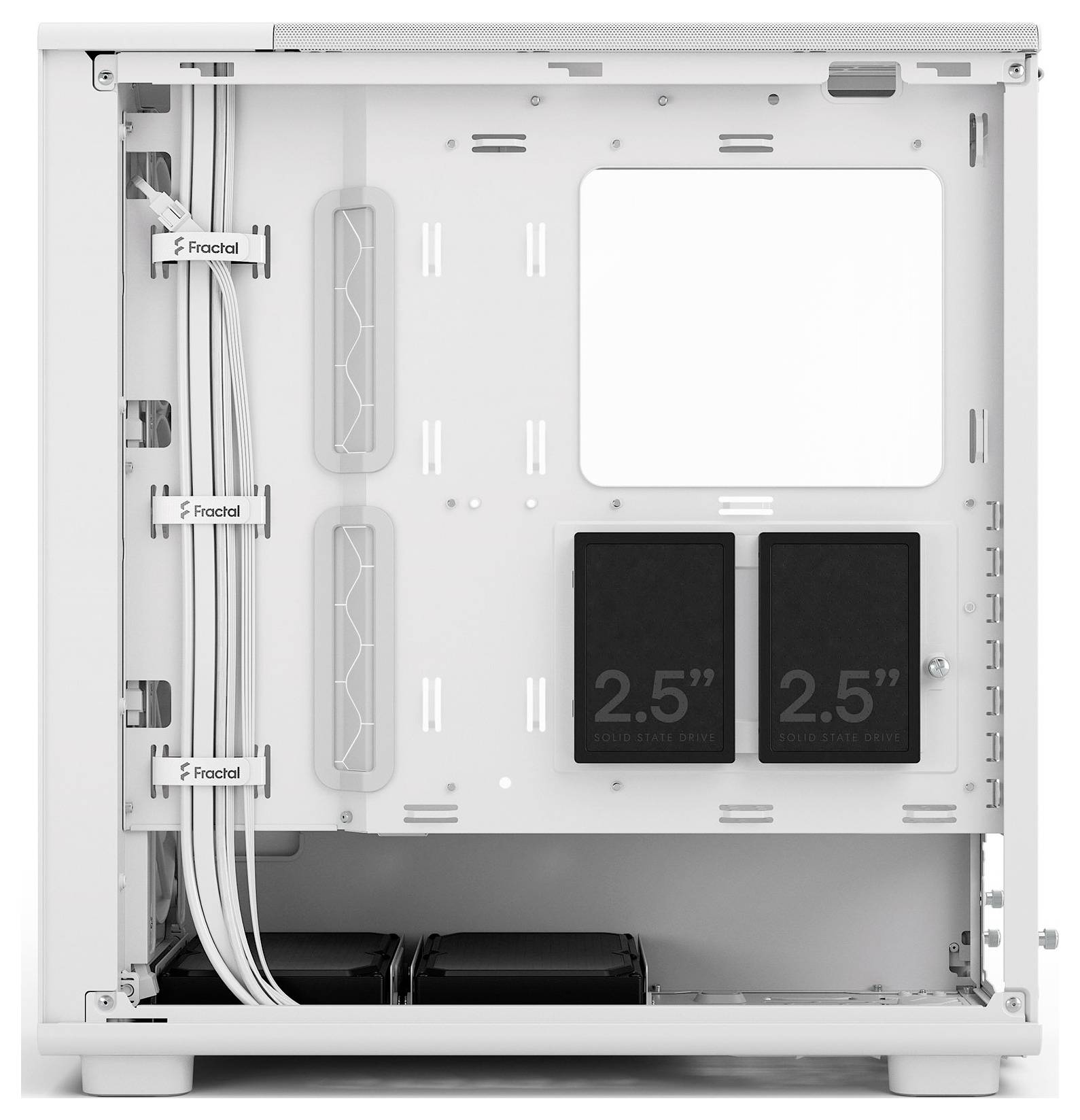 Das Innere eines Computergehäuses mit gekennzeichneten Bereichen für Kabelmanagement und Laufwerkspeicher, einschließlich Steckplätzen mit der Bezeichnung '2,5