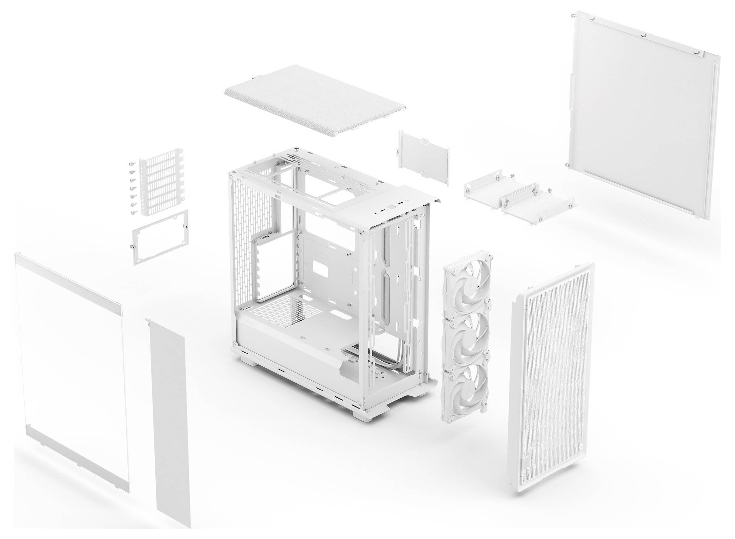Explosionszeichnung eines Computergehäuses mit Rahmen, Seitenpanels und internen Komponenten wie Lüftern. Komponenten sind im 3D-Raum angeordnet.