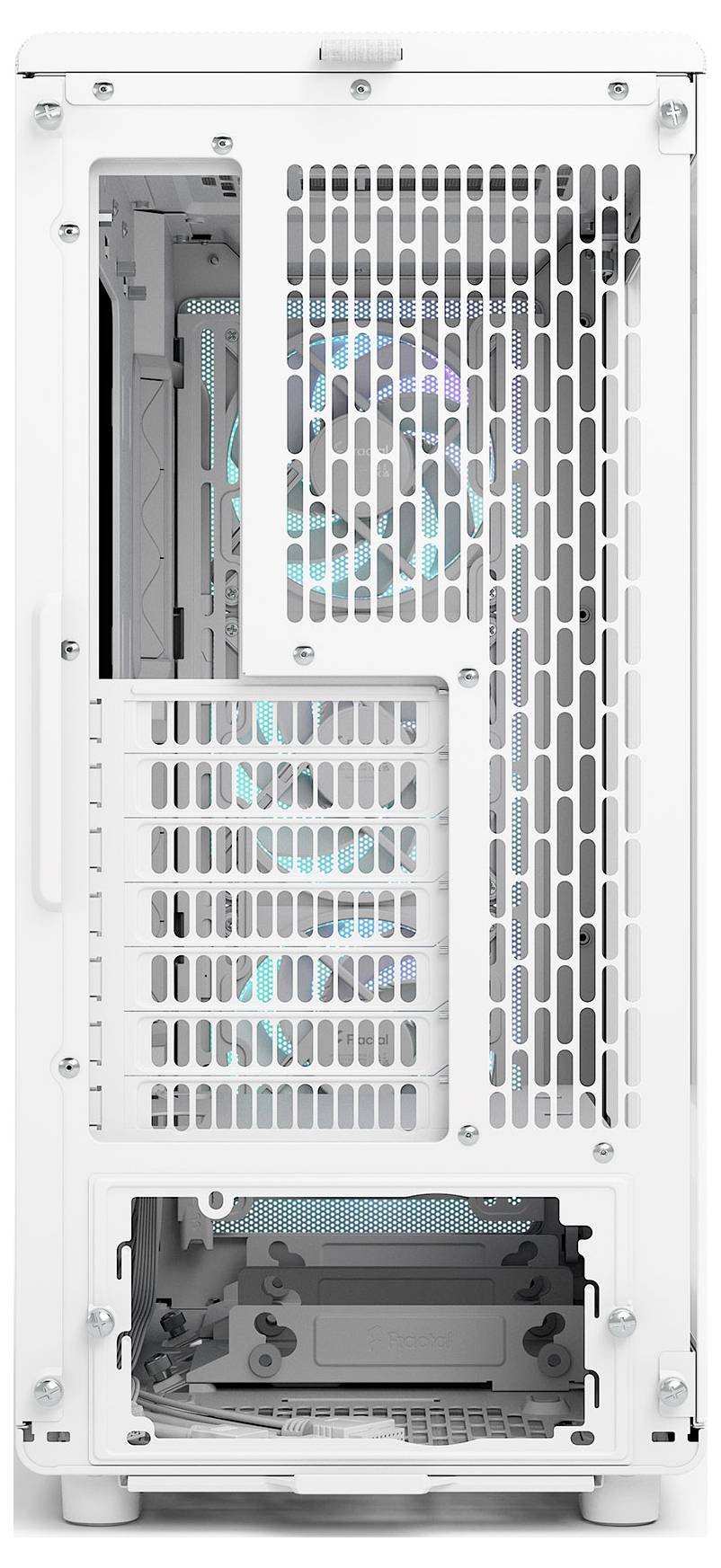Ein weißes Computergehäuse mit offenem Gitterdesign, das blaue beleuchtete Lüfter im Inneren zeigt, vertikal positioniert. Geeignet für individuelle Computerkonfigurationen.