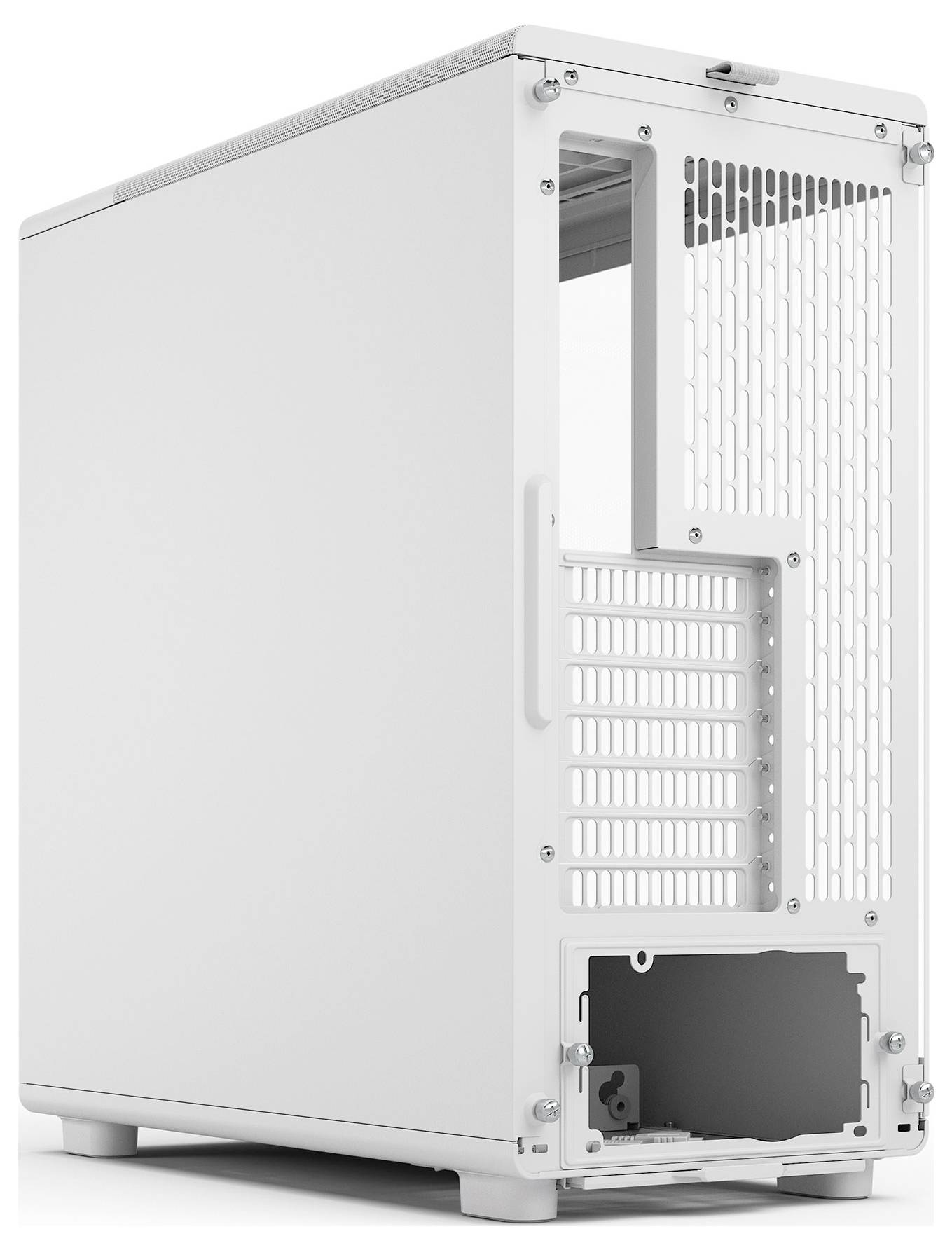 Ein weißes Computergehäuse mit einer offenen Seitenklappe, die Platz für Komponenten, Kühlungsöffnungen und Steckplätze für Erweiterungskarten an der Rückseite freigibt.