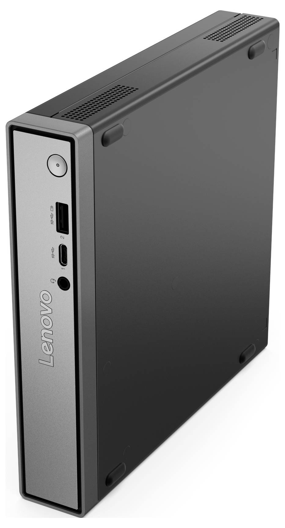 Ein schlanker, vertikaler Lenovo Mini-Desktop-Computer mit USB-Anschlüssen und Einschaltknopf auf dem Frontpanel, der für kompakte Räume konzipiert ist.