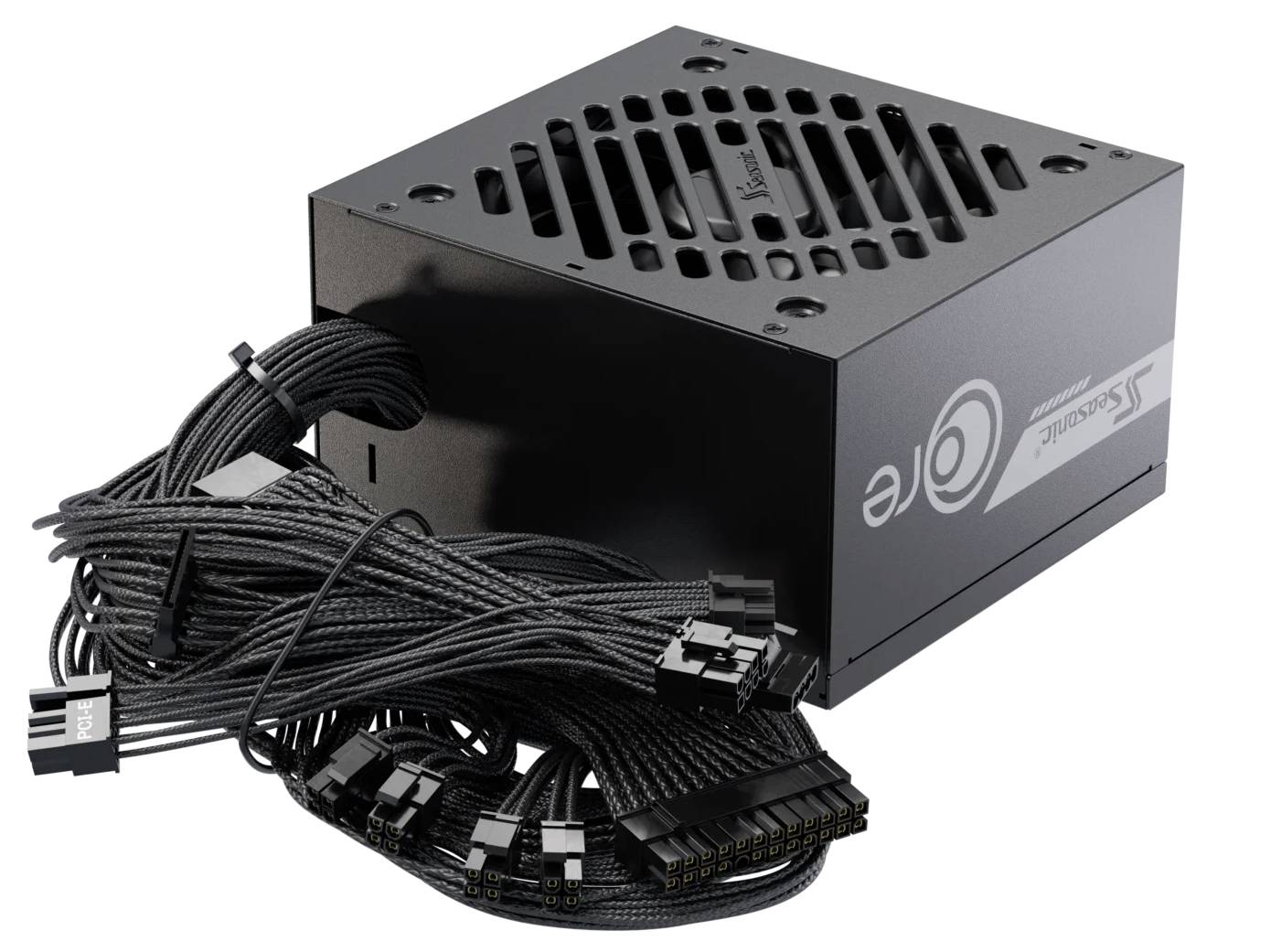 Eine schwarze Computernetzteils-Einheit mit mehreren ausgestreckten Kabeln, entwickelt zur Steuerung und Verteilung elektrischer Energie in einem PC.