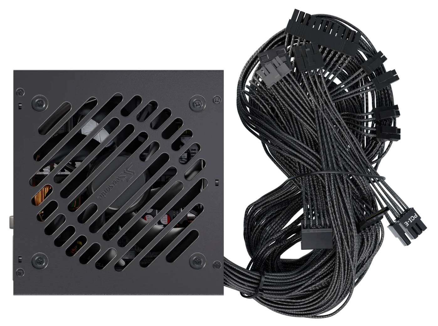 Eine Computernetzteile mit einem Kühlventilator oben und mehreren schwarzen Kabeln, die seitlich herausragen, verwendet zur Stromversorgung von Computerkomponenten.