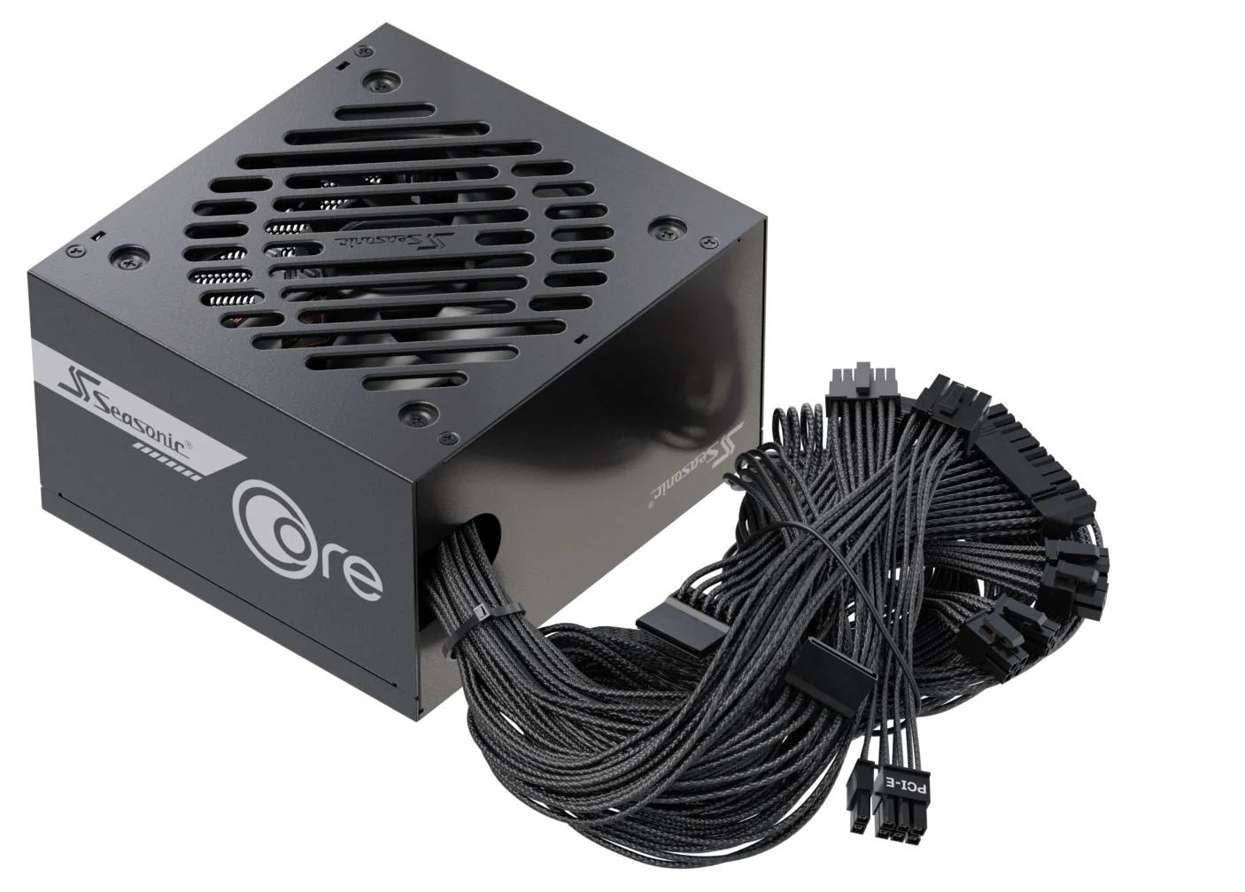 Eine schwarze Computer-Netzteileinheit mit der Bezeichnung 'Core' mit mehreren schwarzen Kabeln und Anschlüssen, die für Desktop-PCs entwickelt wurde.