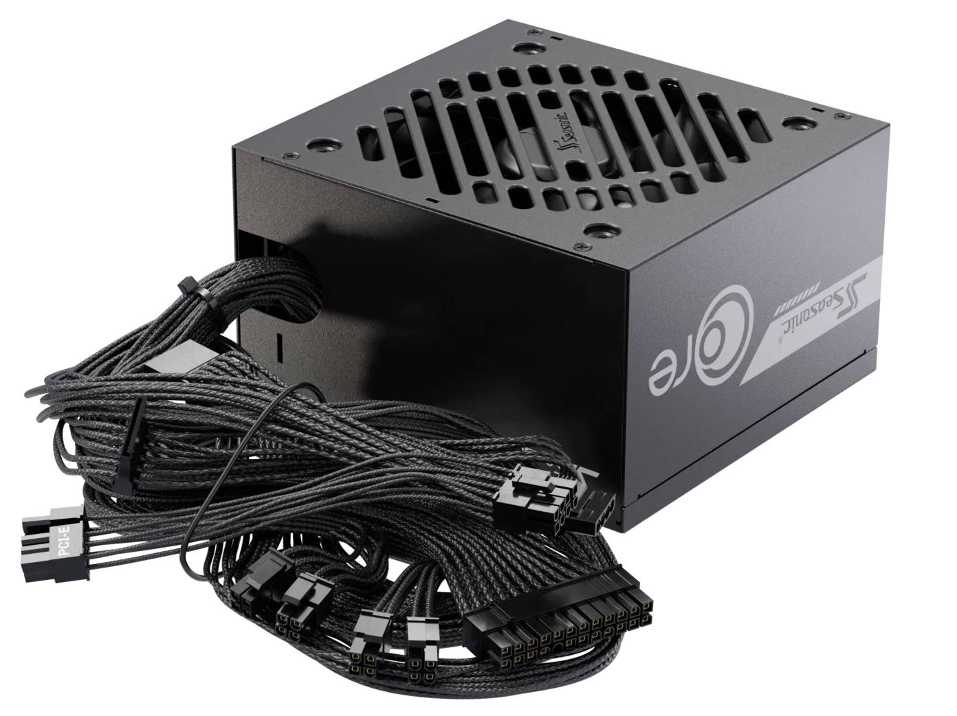 Eine schwarze ATX-Netzteileinheit mit mehreren geflochtenen Kabeln und Anschlüssen, entwickelt zur Stromversorgung der Komponenten eines Computers.